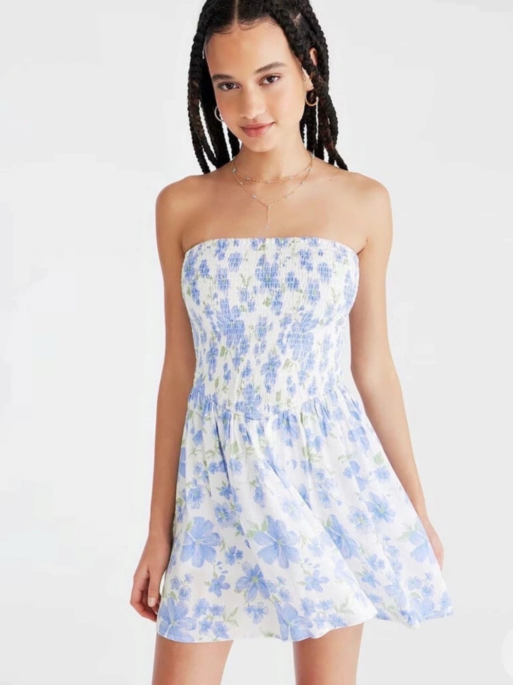 Aeropostale Floral Strapless Mini Dress in White & Blue Size Small